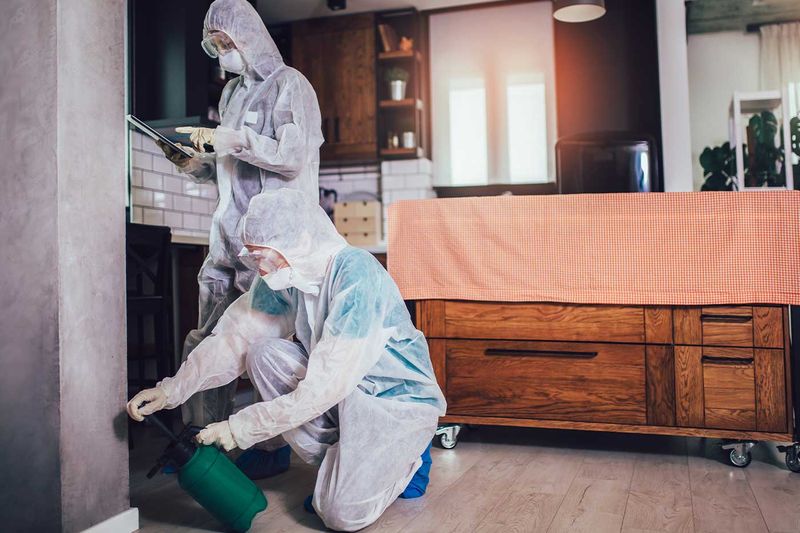 Zwei Schädlingsbekämpfer in Schutzanzügen behandeln eine Wohnküche